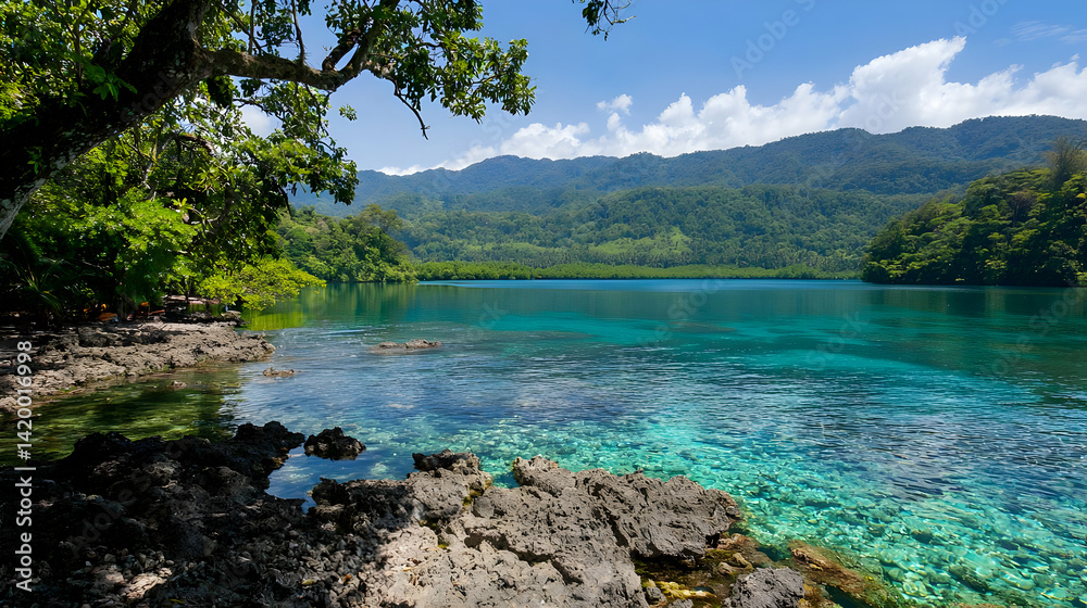 Obraz premium Tropical Bay Scene With Turquoise Water And Lush Vegetation