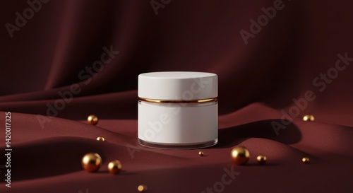 White cream jar with gold accents on draped burgundy fabric with gold beads.
