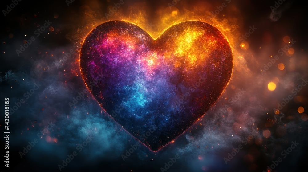 A glowing heart shape shines in swirling cosmic colors, evoking deep emotion A glowing heart shape shines in swirling cosmic colors, evoking deep emotion