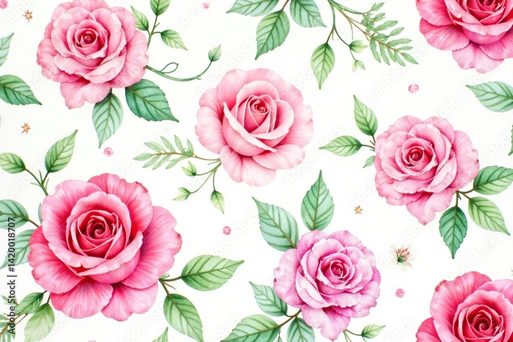 Delicate watercolor roses & leaves, repeating pattern , petals, elegant, art