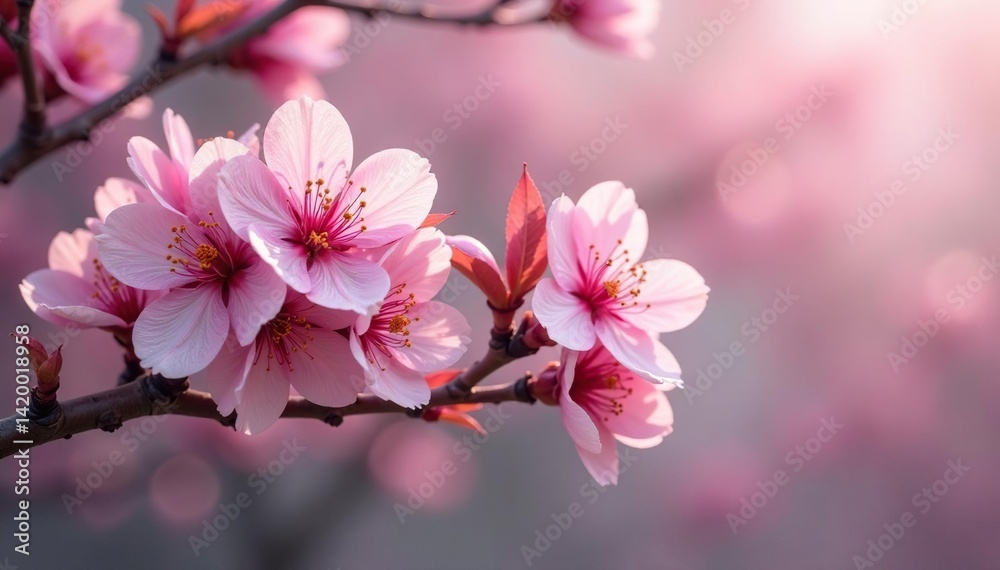 Obraz premium Delicate pink sakura blossoms, intricate branch pattern, petals, botanical, design