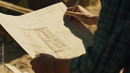 Engineer inspecting structural drawings at a construction site. Featuring planning and precision