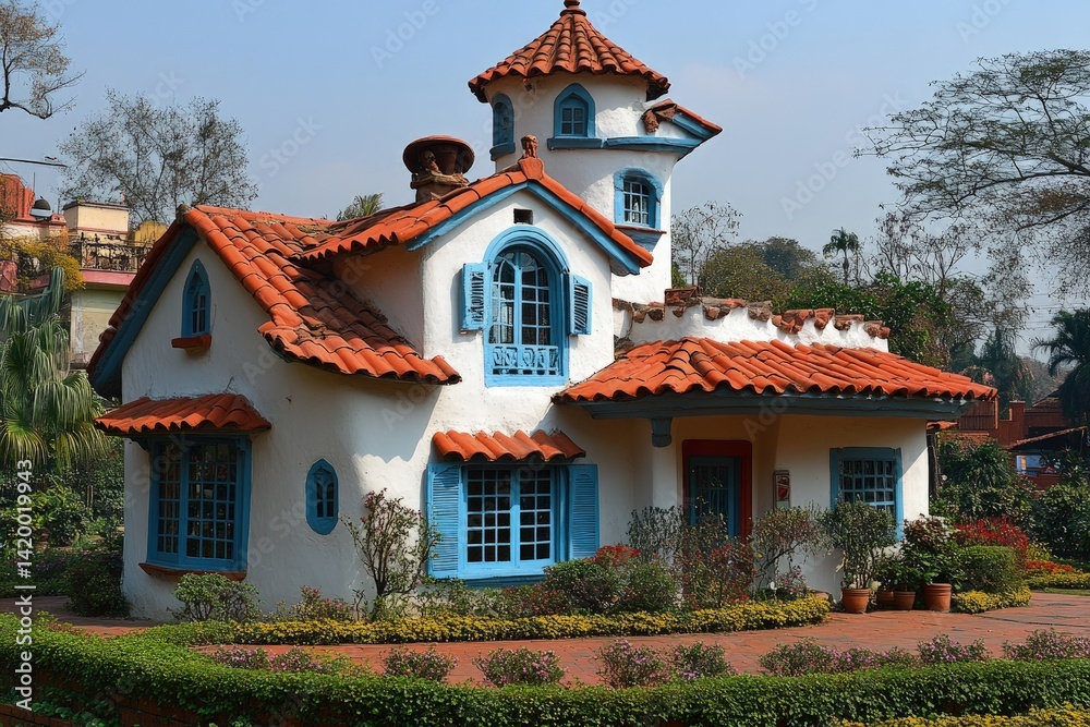Naklejka premium Whimsical cottage with orange roof and blue shutters surrounded by greenery.