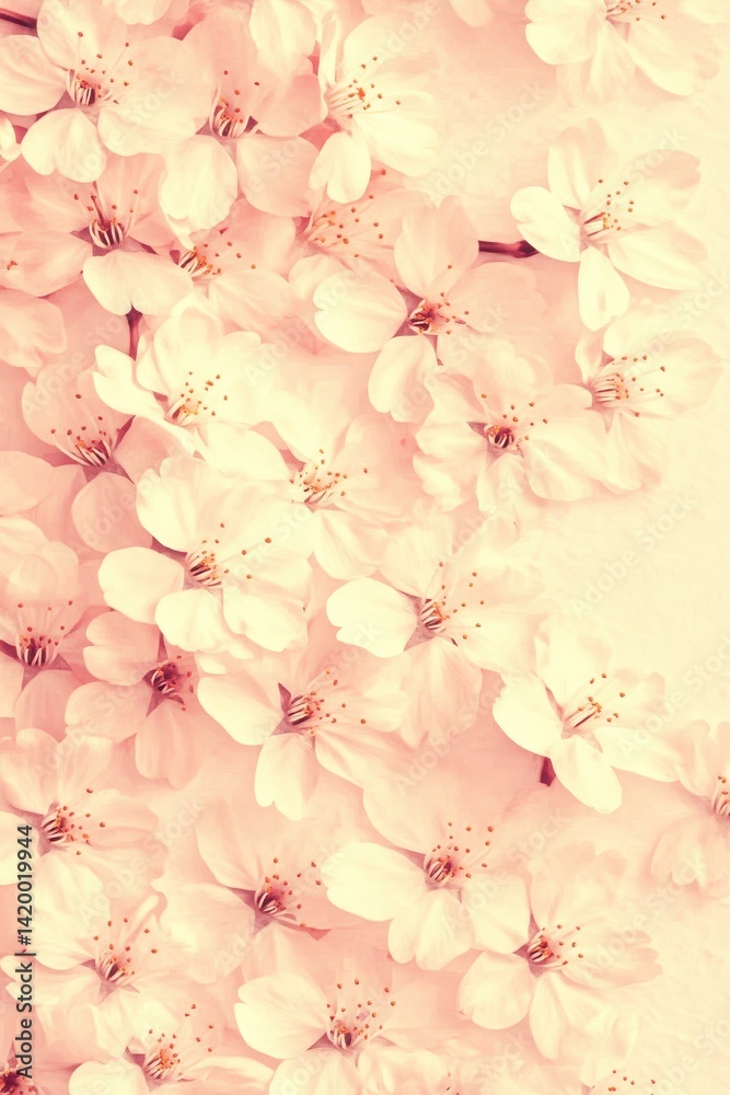 Delicate, pale pink blossoms fill the frame, creating a soft, floral texture with warm, golden highlights Delicate, pale pink blossoms fill the frame, creating a soft, floral texture with warm, golden highlights