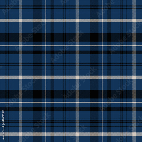 Plaid with twill weave repeat pattern in navy blue.Gingham seamless pattern with stripes.Checkered tartan Geometric graphic vector illustration background for textile and prints