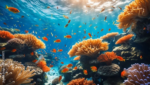 Wallpaper Mural Exploring Underwater Coral Reef Ecosystem with Abundant Fish and Sunlight Torontodigital.ca