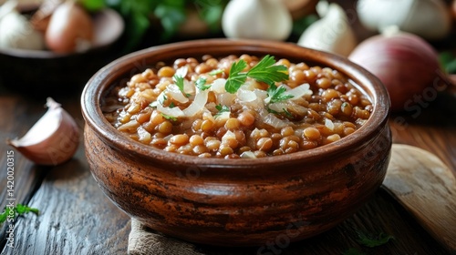 Hearty lentils and caramelized onions served in a rustic bowl, showcasing the comforting, vegetarian dish of mujaddara with simple yet flavorful appeal