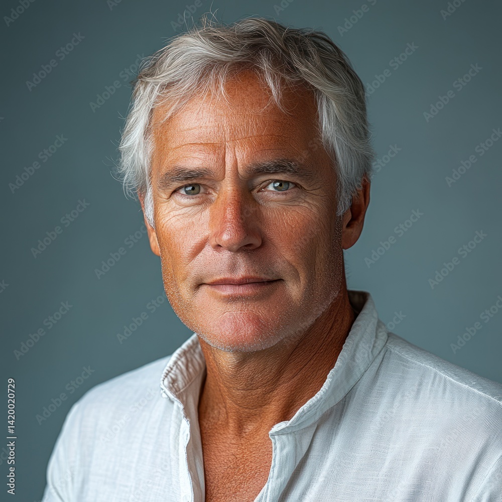 Fototapeta premium A thoughtful man with silver hair captures tranquility against a soft backdrop