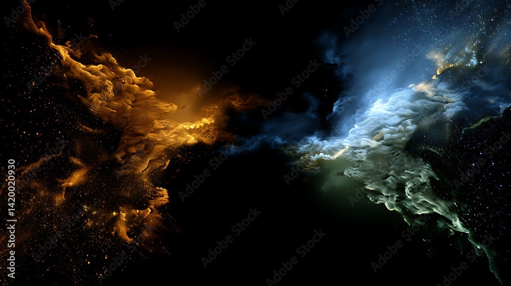 Obraz premium Celestial Collision of Colors in the Cosmos Abstract Art Space Dust Explosions and Nebula Formation.