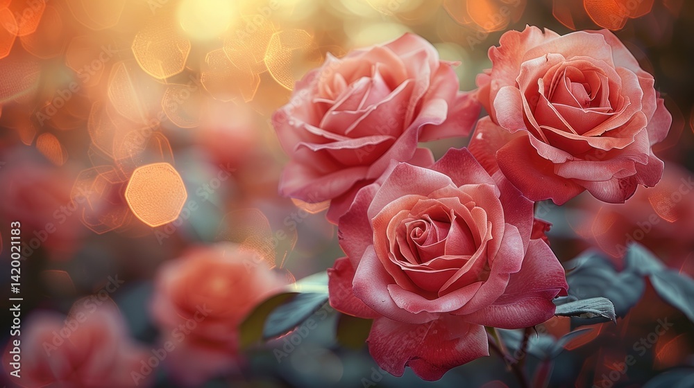 Three blooming roses capture the essence of a serene evening in a vibrant garden Three blooming roses capture the essence of a serene evening in a vibrant garden