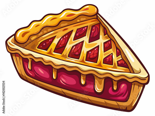A high-quality vector illustration of a slice of fruit pie with golden crust and filling oozing out, isolated on a white background