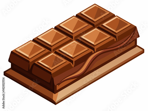 A high-quality vector illustration of a segmented chocolate bar with smooth texture and one corner bitten, isolated on a white background