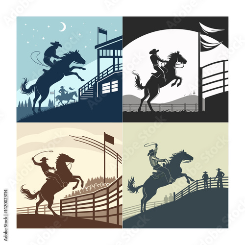 Western Cowboy Rodeo Scenes with Horses in Artistic Illustrations