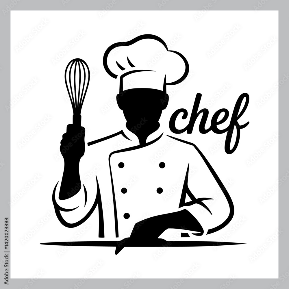 Chef silhouette with a whisk and the word chef. Chef silhouette with a whisk and the word chef.