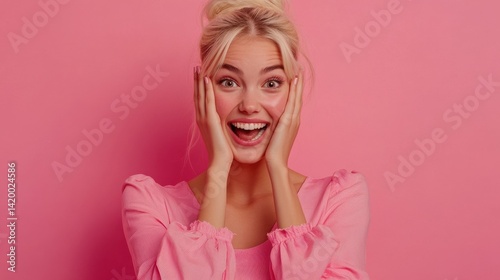 Beautiful excited blonde female covers eyes with happiness, doesn`t expect to recieve pleasant surprise from close friend, being thankful and pleasantly shocked, isolated over pink background