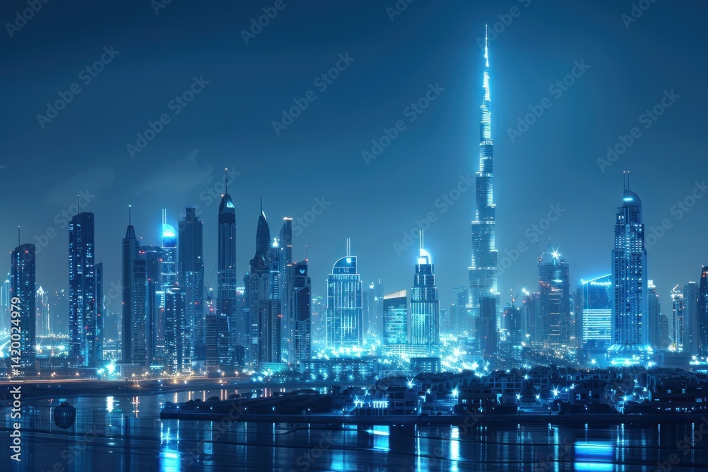 Fototapeta premium Dubai Skyline at Night, A Breathtaking Panorama of Modern Architecture