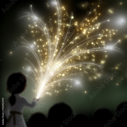 Child Gazing at Golden Sparkler Display in a Crowd on Dark Night with Wonder and Excitement