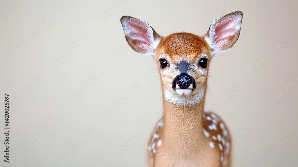Adorable fawn stares directly at viewer. Fawn's soft, light brown fur is spotted with white. Large ears and a curious expression Adorable fawn stares directly at viewer. Fawn's soft, light brown fur is spotted with white. Large ears and a curious expression