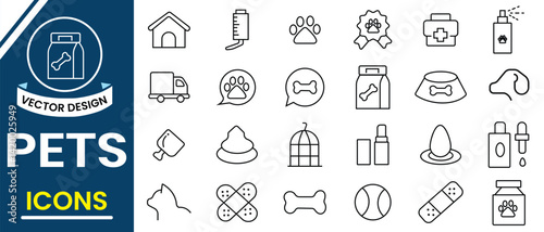 Pet, Veterinary web icons in line style. Veterinary, pet, vet, pet shop, dog care, training, cat,  dog, cat, rabbit, hamster, bird, bone, pets, vaccine, pet care line icon vector illustration.