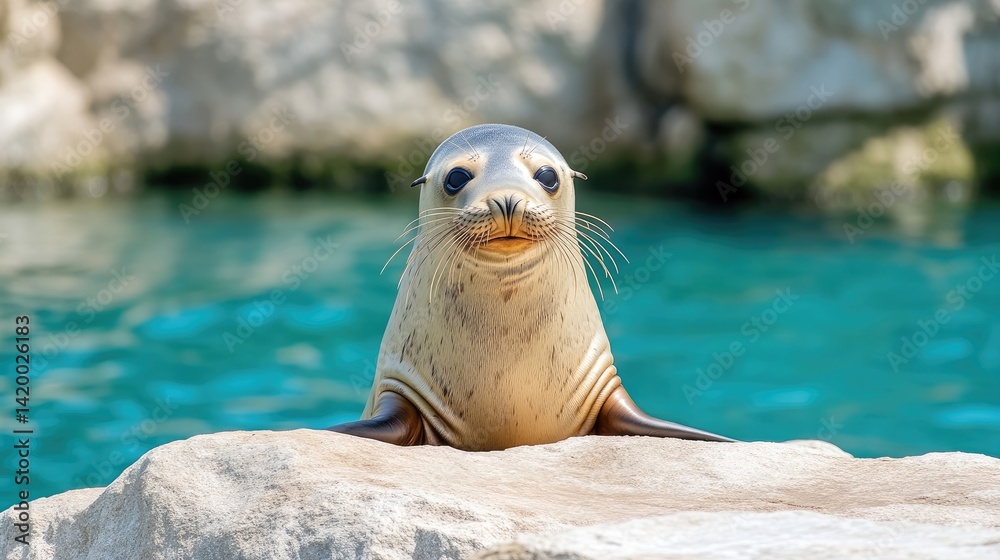 Fototapeta premium Curious seal resting on rock by water