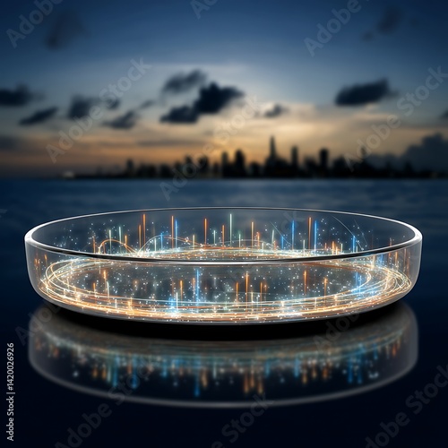 Circular Dish Containing Light Trails Against Cityscape at Twilight.
