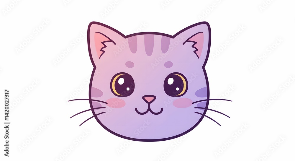 Fototapeta premium Cute Cartoon Cat Face with Big Eyes and Striped Markings
