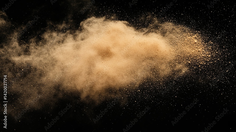 Golden Dust Plume: Abstract Explosion of Fine Particles on Dark Backdrop Golden Dust Plume: Abstract Explosion of Fine Particles on Dark Backdrop