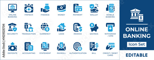 Digital banking icon set featuring mobile payments, fintech, security, and finance technology for web, app UI, dashboards, and financial presentations.