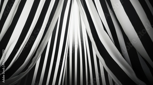 Close view of black and white vertically striped curtains