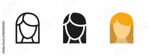 Woman icon. Female avatar vector illustration. Profile with long hair and faceless design. Personal identity and user character symbol. Portrait of woman for apps, profiles and social platforms.