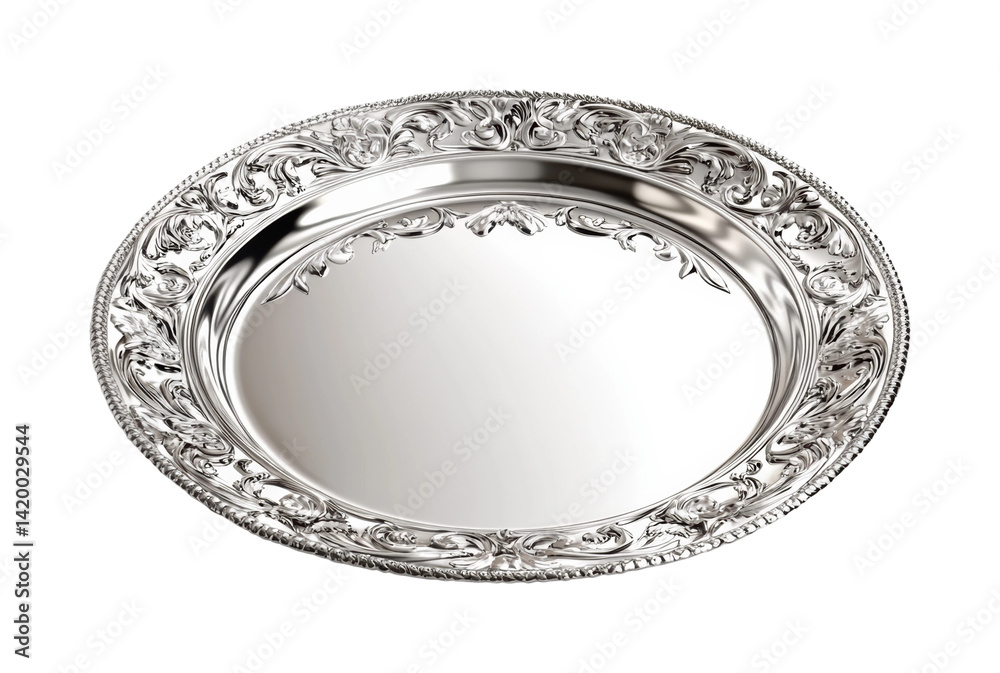 Elegant silver serving tray home product isolated on transparent background Elegant silver serving tray home product isolated on transparent background