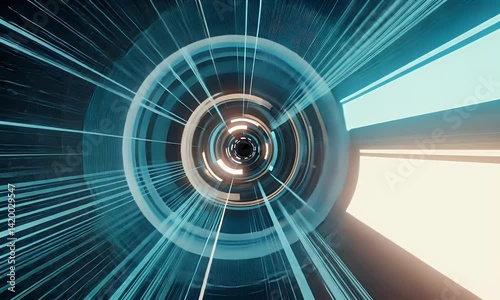 Sci-fi video showing hyperspace tunnel where blue and white streaks fly past in continuous high speed infinite motion