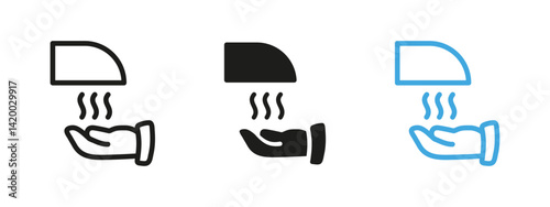 Hand dryer icon. Blowing hot air onto palm vector illustration. Hygiene and sanitation symbol for public restrooms. Touchless hand drying pictogram promoting cleanliness and health safety.