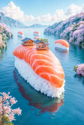 The image depicts a surreal landscape featuring giant sushi pieces floating on a river. The sushi pieces have traditional Japanese architecture on top and are surrounded by cherry blossom trees and a 