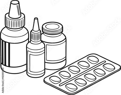Black and White Line Drawing of Medical Bottles and Blister Pack with Tablets