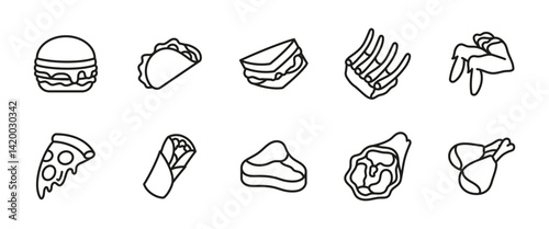 Fast food icon set. Outline meal vector illustration with burger, taco, sandwich, pizza slice and grilled meat. Line street food pictogram. Ideal for restaurant menus, delivery apps and food service