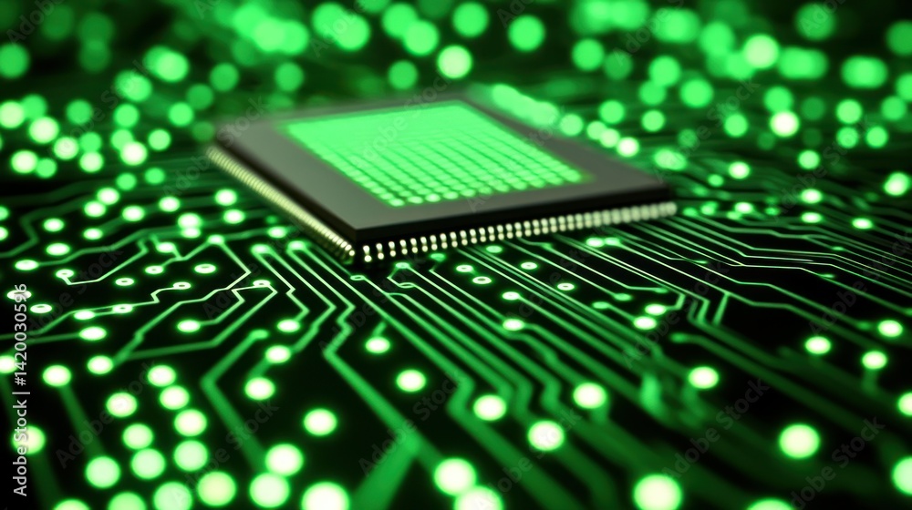 A green glowing microchip sitting on a circuit board surface