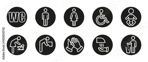 WC black icon set. Public toilet and hygiene facilities glyph vector illustration. Gender, baby changing and accessibility symbols. Sanitary pictograms for restroom signage and public bathroom.