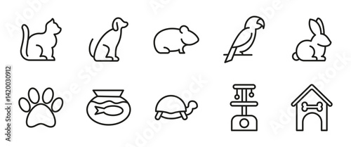 Pet icon set. Outline domestic animal symbols including cat, dog, parrot, rabbit, fish, turtle and hamster. Vector illustration of pet accessories and care elements like paw, fishbowl and house.