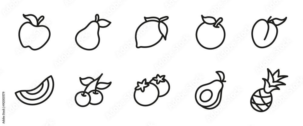 Fototapeta premium Fruit icon set. Outline collection of fresh organic fruits including apple, lemon, orange, avocado and berries. Tropical and seasonal food illustration. Healthy diet and vegan nutrition food labels.