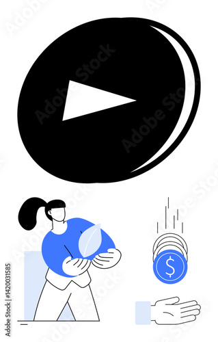 Large play button, woman carrying wallet, coins dropping into outstretched hand. Ideal for finance, streaming, investment, charity, online growth, savings simple landing page