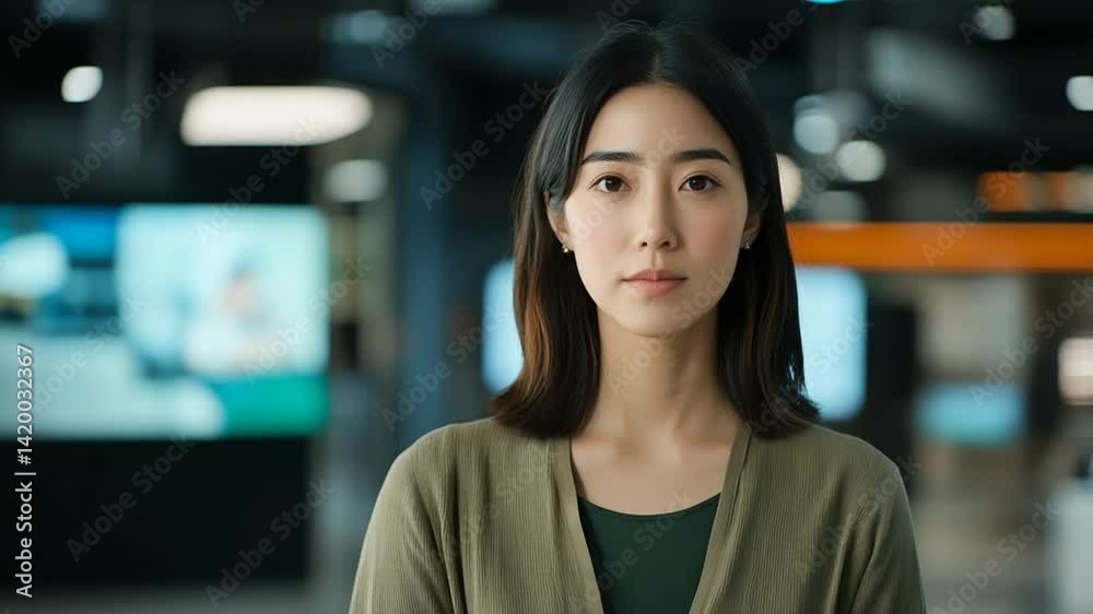 Focused asian woman portrait in modern interior, professional calmness in the office Focused asian woman portrait in modern interior, professional calmness in the office