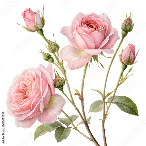 Fototapeta Naklejka Na Ścianę i Meble -  Watercolor Three pale pink rose flowers and buds isolated on transparent background