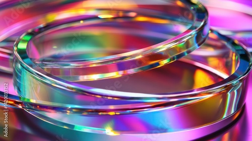Abstract image of iridescent glass rings with colorful reflections shown