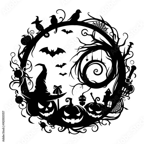 Halloween Vector Silhouette Round Frame Design with Simple Lines on White Background