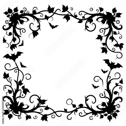 Halloween Vines Frame, Black Vector Silhouette Design, Simple Style on White Background