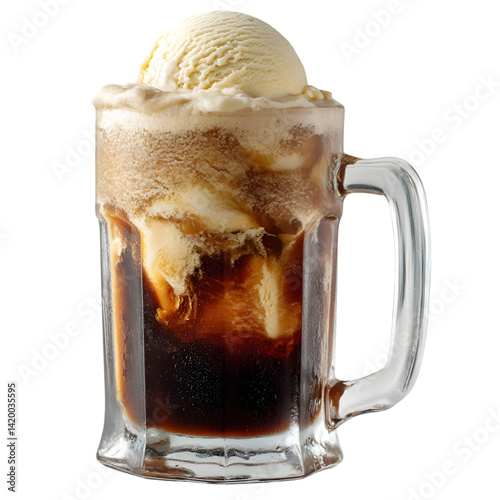 Root beer float in a frosty glass mug with  scoop of vanilla ice cream isolated die cut photo