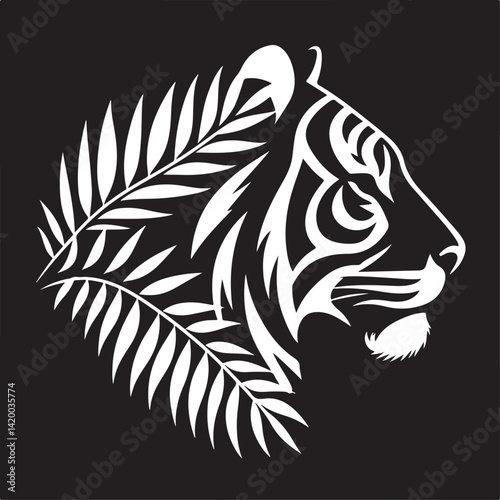 A powerful black tiger head silhouette, a vector illustration with tribal design