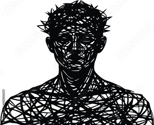 Abstract Line Art Sketch of Stylized Upper Body and Head with Chaotic Lines