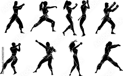 Silhouettes of martial artists performing various fighting stances